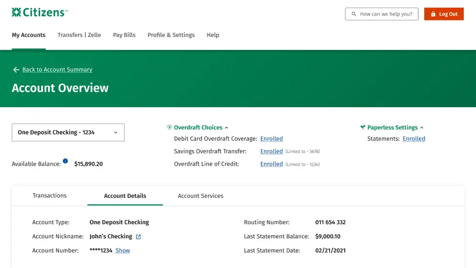 Online banking account overview desktop screenshot