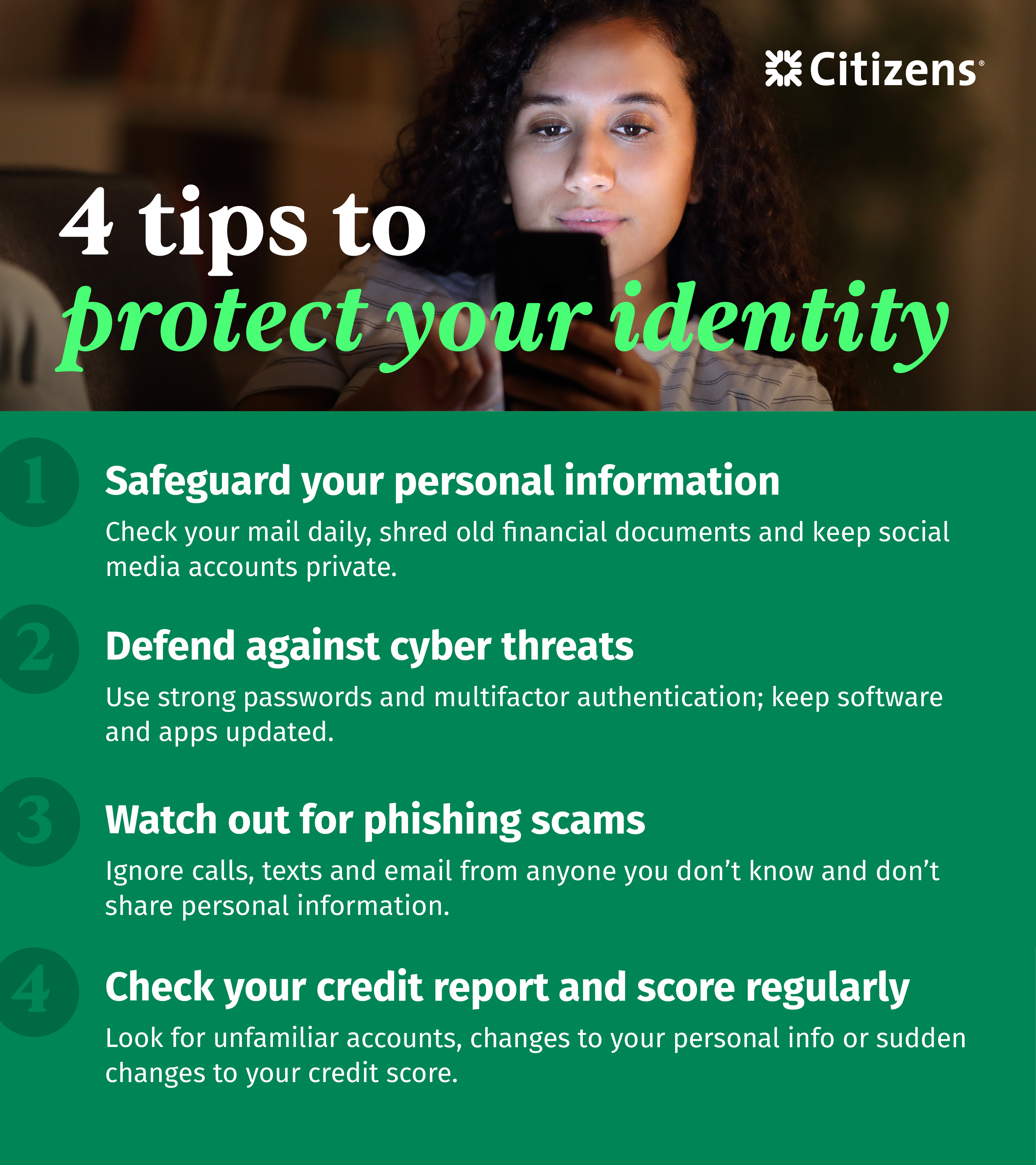 Checklist of identity theft protection tips: 1. Safeguard your personal information; 2. Defend against cyber threats; 3. Watch out for phishing scams; 4. Check your credit score and report regularly.