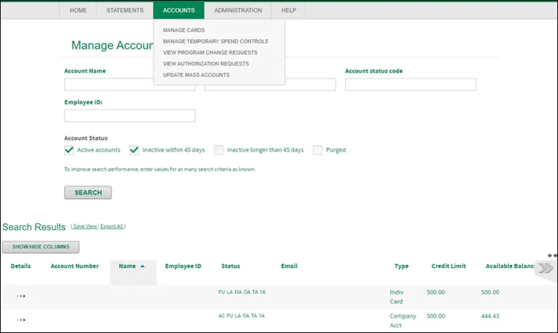 Top navigation Accounts menu