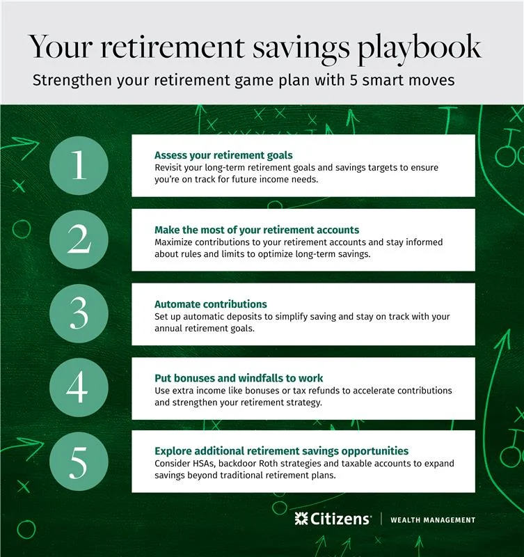 1. Assess your retirement goals, 2. Make the most of your retirement accounts, 3. Automate contributions, 4. Put bonuses and windfalls to work, 5. Explore additional retirement savings opportunities