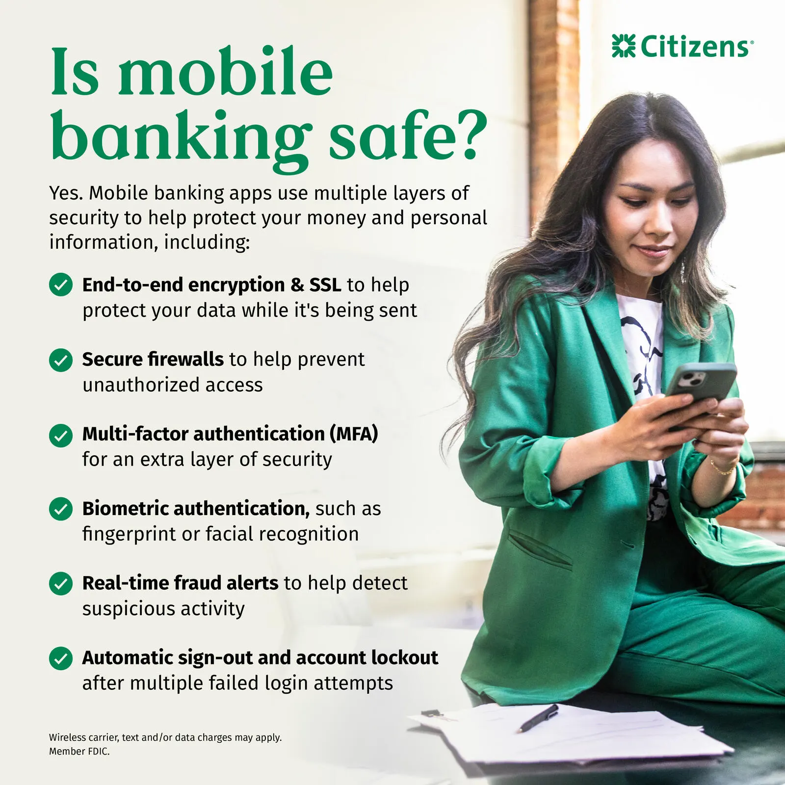 Infographic listing mobile banking featues that keep user data safe
