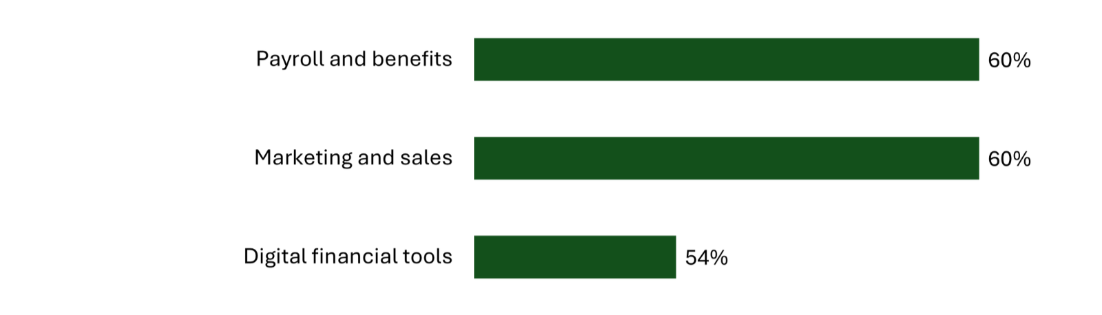 Payroll and benefits 60%, Marketing and sales 60%, Digital financial tools 54%