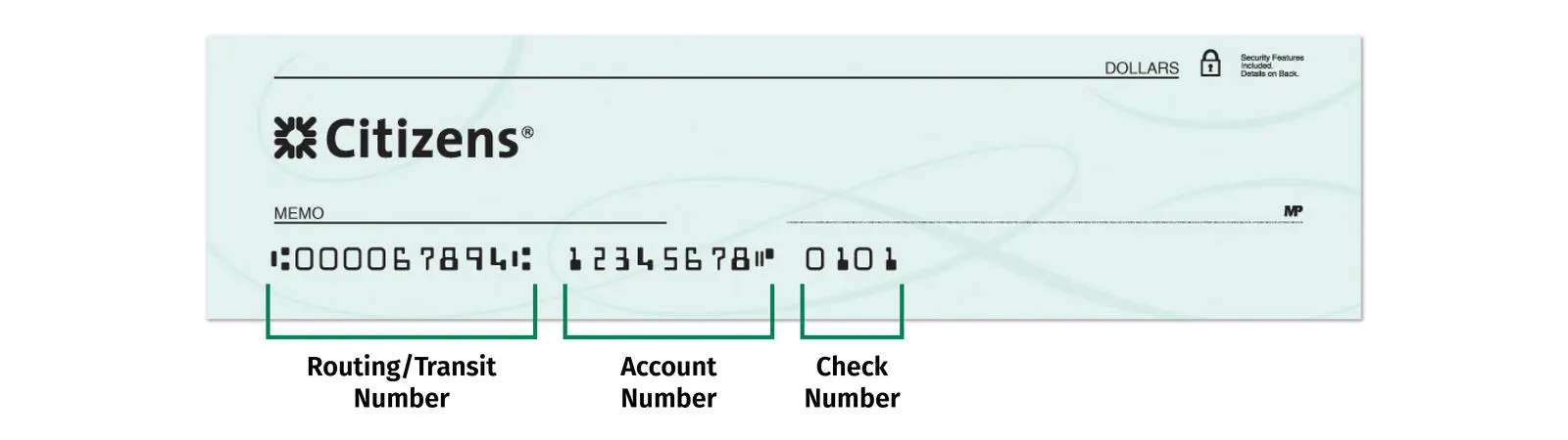 Illustration of a Citizens check showing the routing or transit number, account number, and starting number of the next check labeled beneath example numbers.