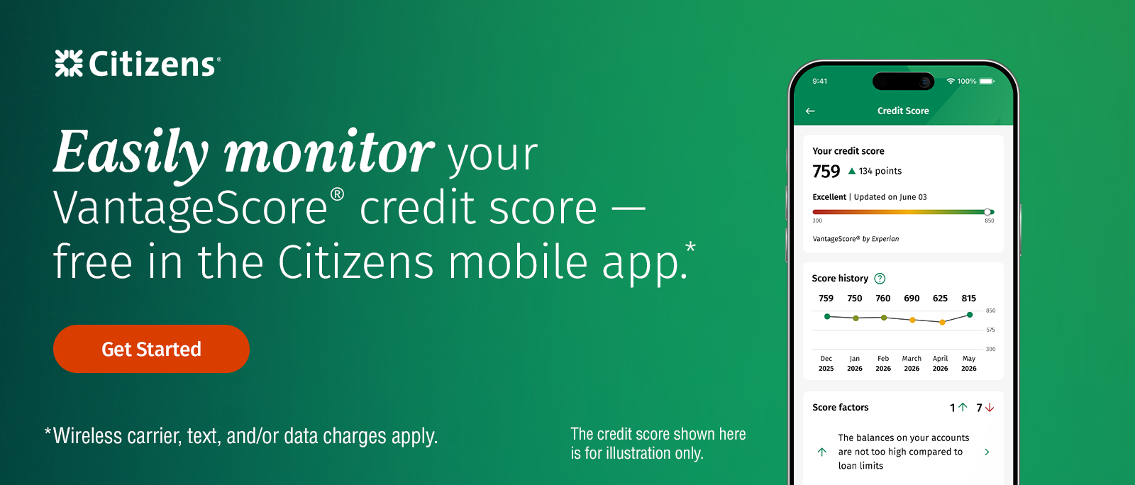 Easily monitor your VantageScore&reg; credit score free in the Citizens mobile app