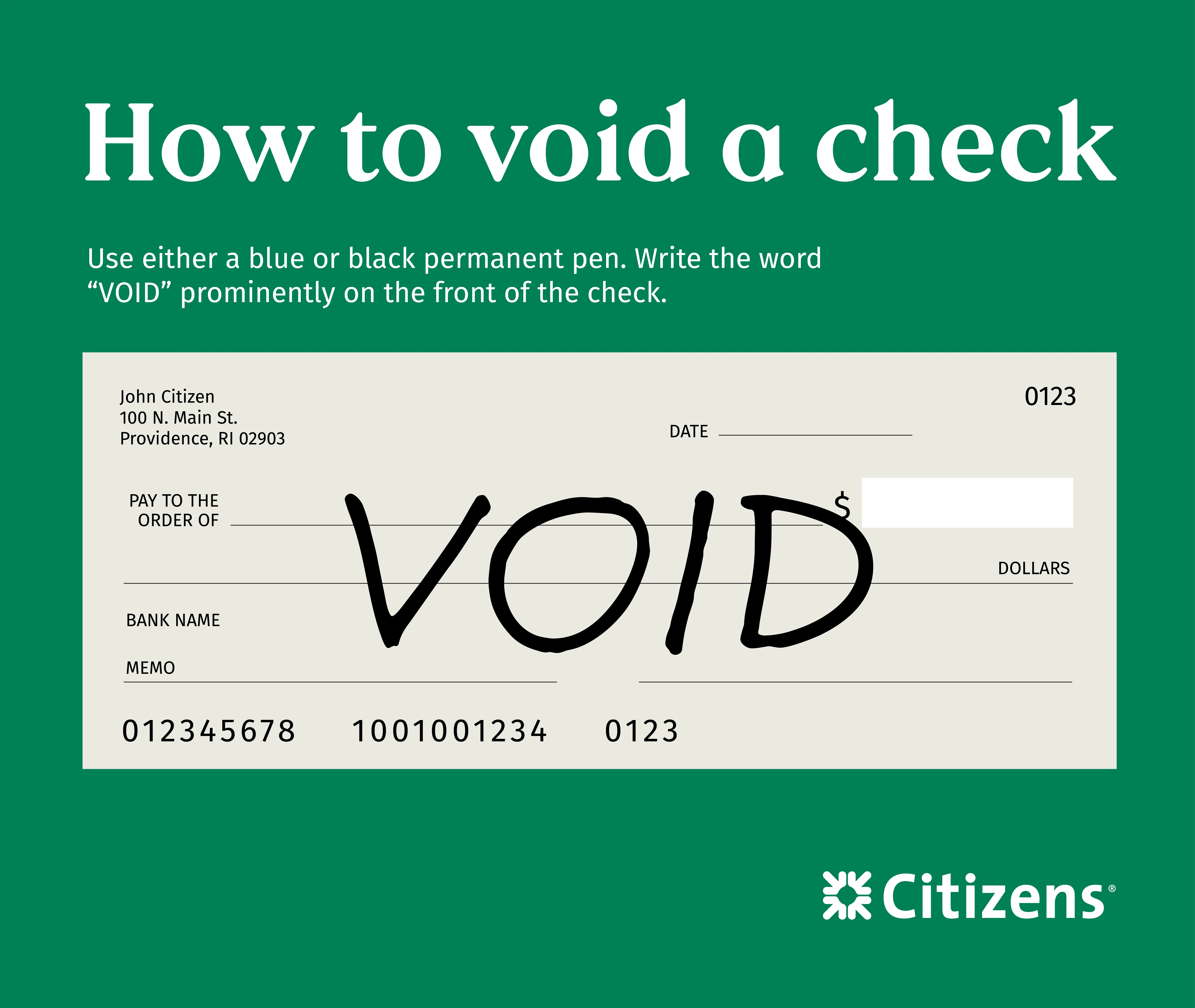 How to void a check. Use either a blue or black permanent pen. Write the word VOID prominently on the front of the check.