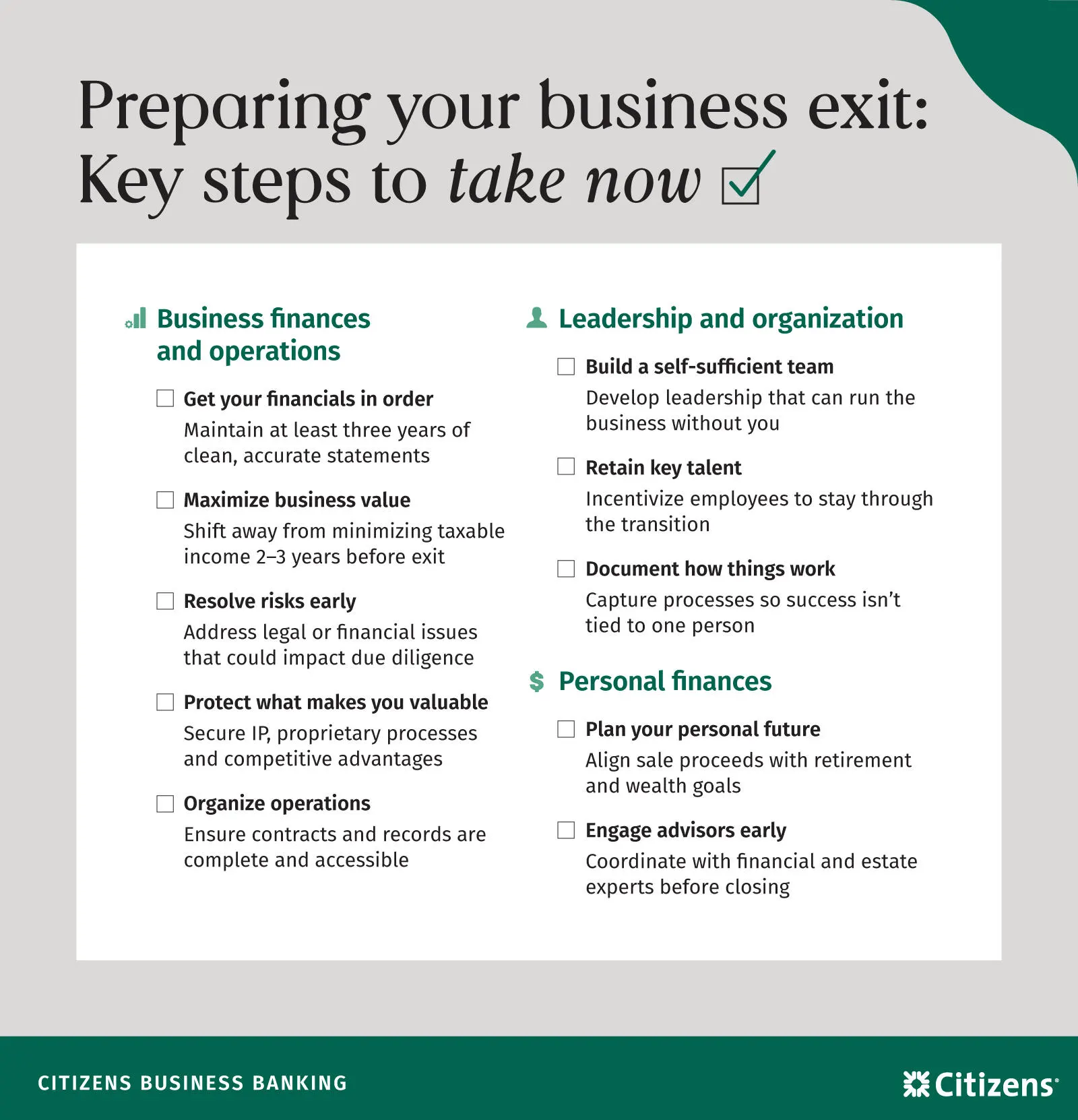 Infographic showing what to do before exiting a business, covering finances, operations, leadership readiness, and personal financial planning.