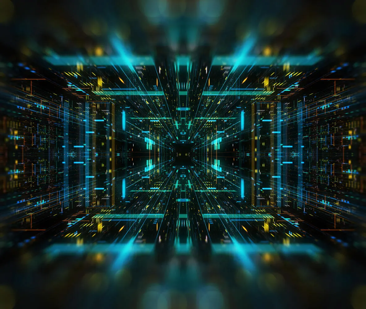 Digital technology graphic of quantum computer environment, processing unit of AI