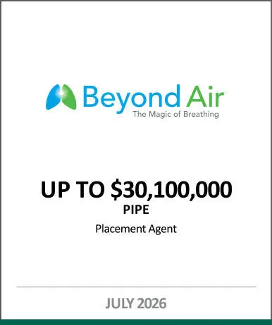 Citizens served as placement agent on the private investment in public equity by Beyond Air that priced before market open on July 30, 2026