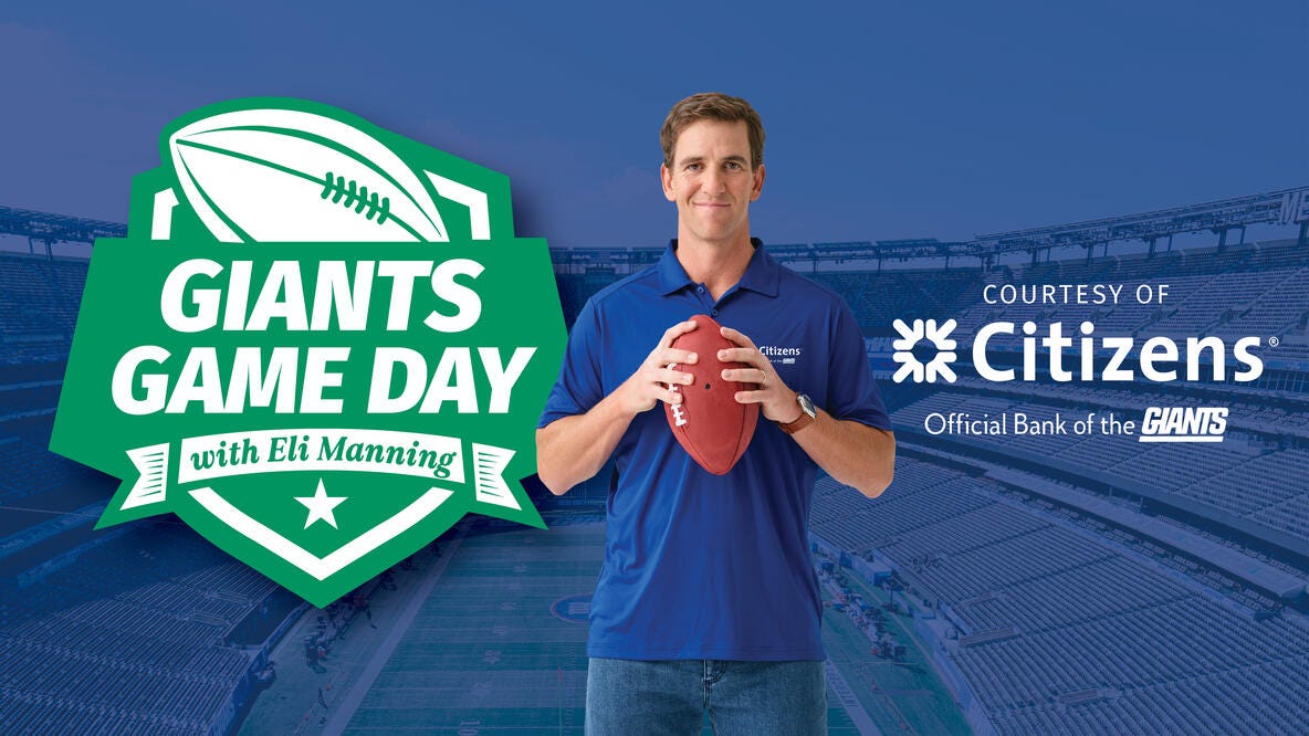 Eli Manning and a Giants Game Day logo