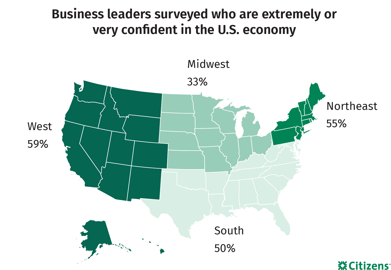 Map of the United States of America showing percentages of business leaders who are confident in the U.S. economy.
